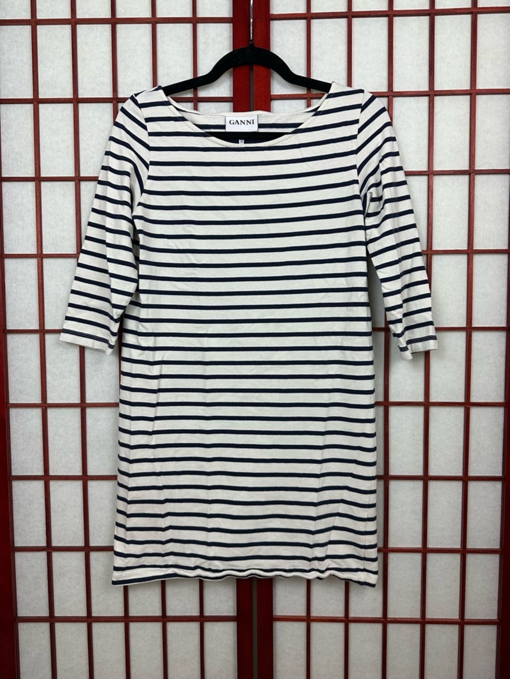 Ganni White Black Striped Minimalist 3/4 Sleeve Casual Dress Capsule